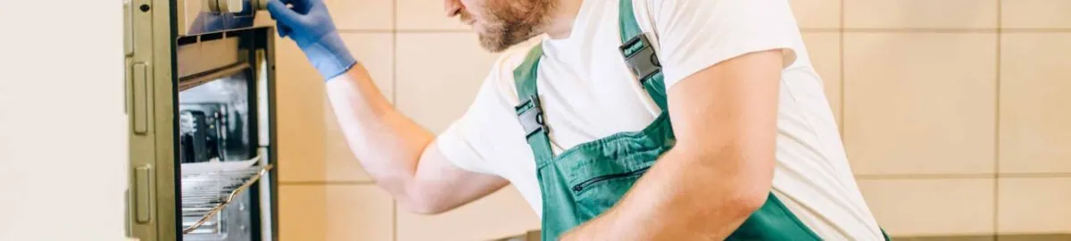 repairman in uniform checks the oven technician 3y8n65f